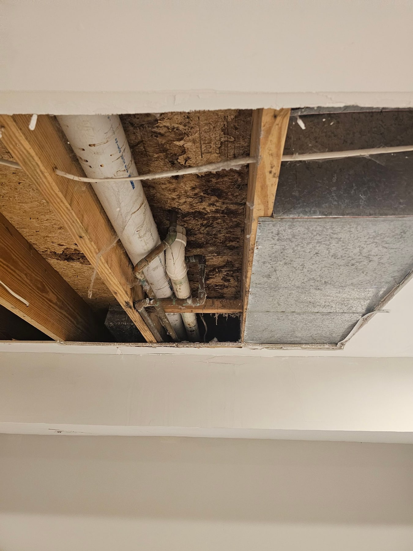 Ceiling opened to expose water-damaged framing and plumbing lines