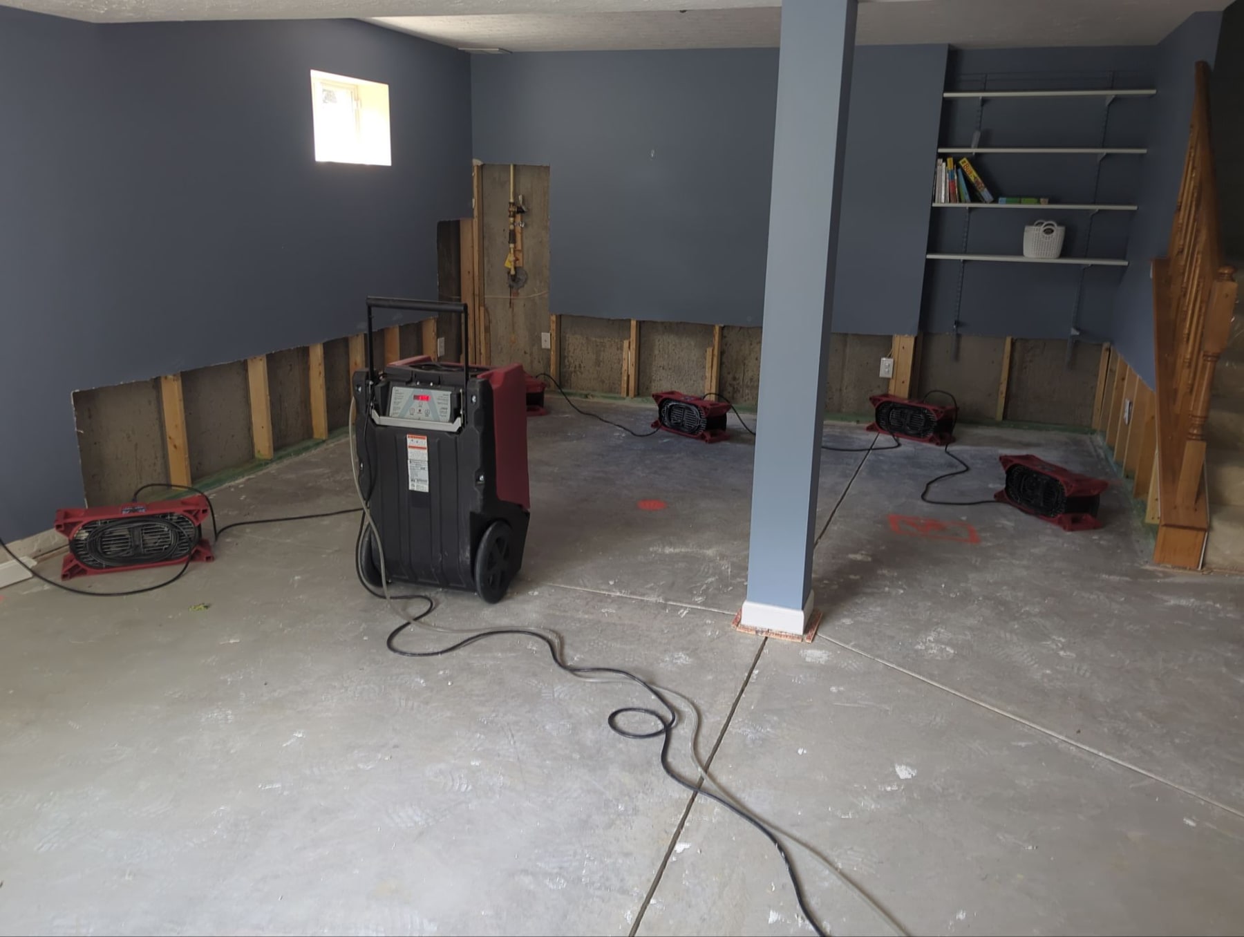 RWC structural drying equipment operating in a water-damaged basement