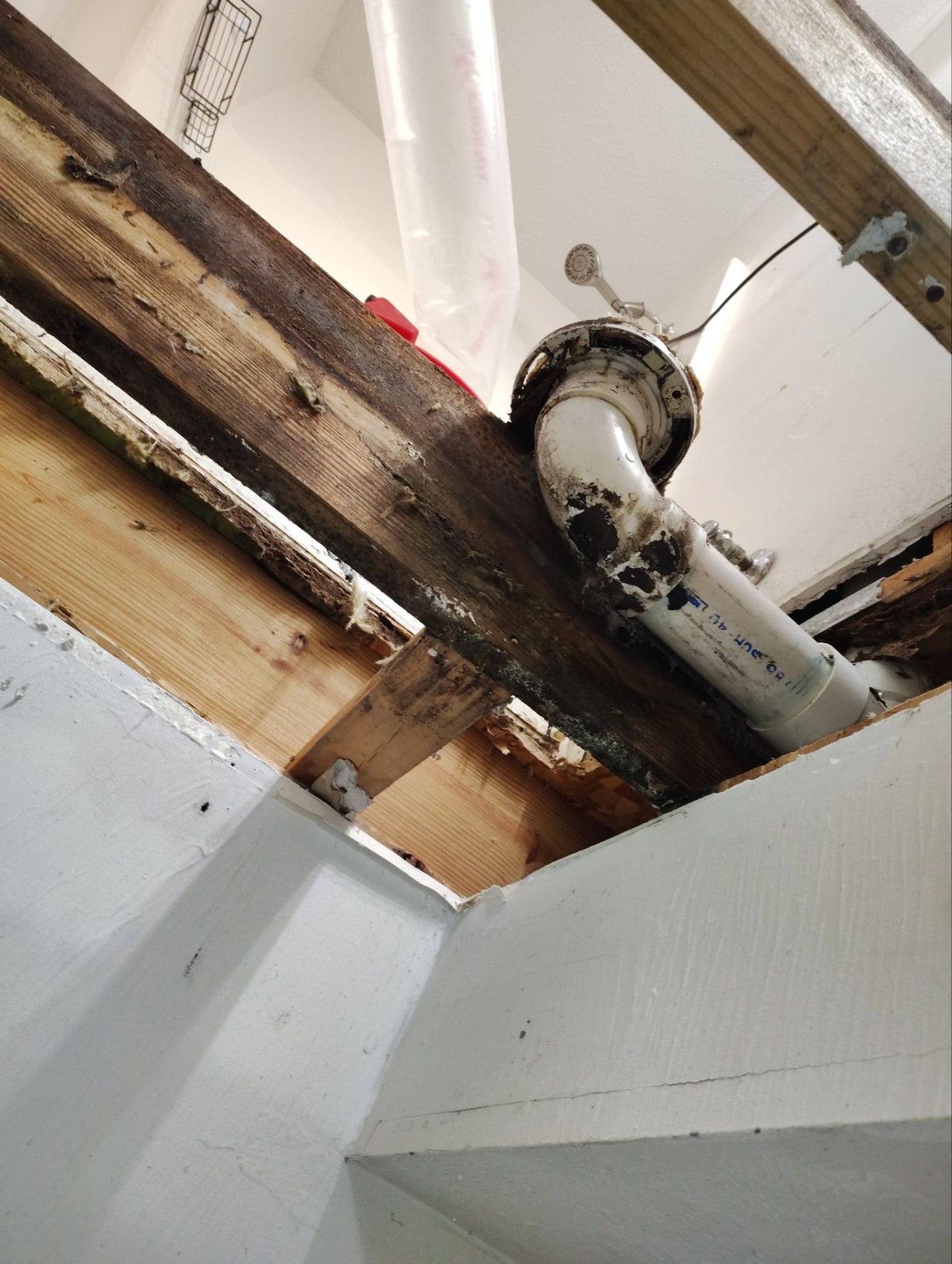Water-damaged framing exposed around a plumbing connection